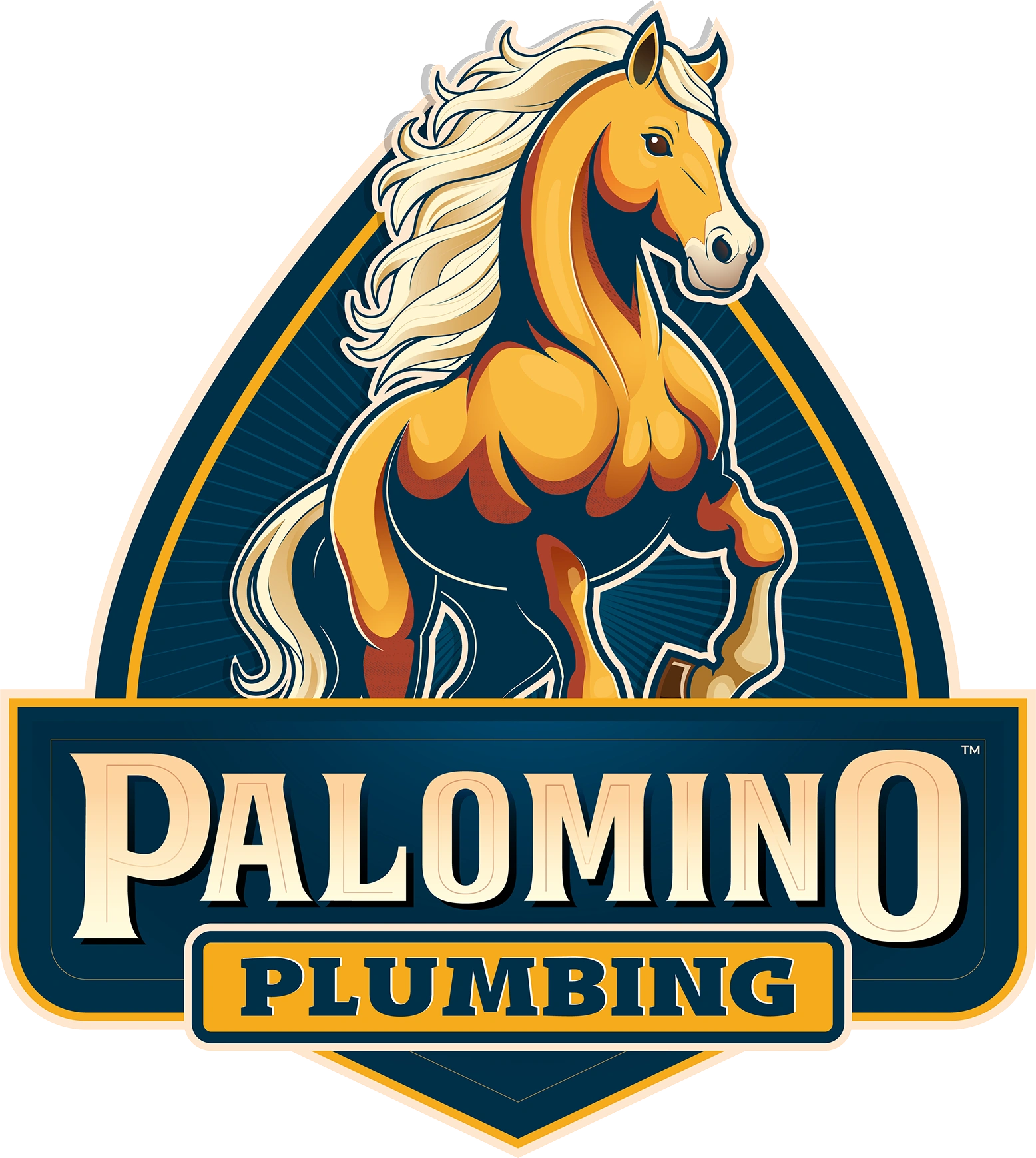 Illustration of a golden horse above the words "Palomino Plumbing" in bold, stylized letters on a dark blue and gold badge-shaped background.