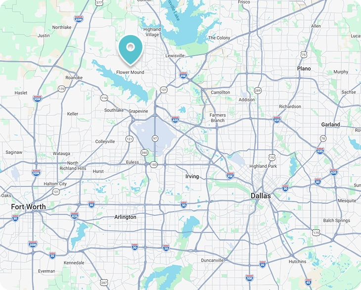 A map showing the Dallas-Fort Worth area in Texas with a blue marker highlighting the location of Flower Mound near Grapevine Lake.