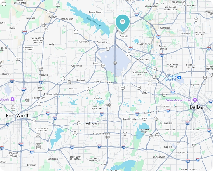 Map showing the area between Fort Worth and Dallas, Texas, with a marker indicating a location near Grapevine and Coppell, north of the Dallas-Fort Worth International Airport.