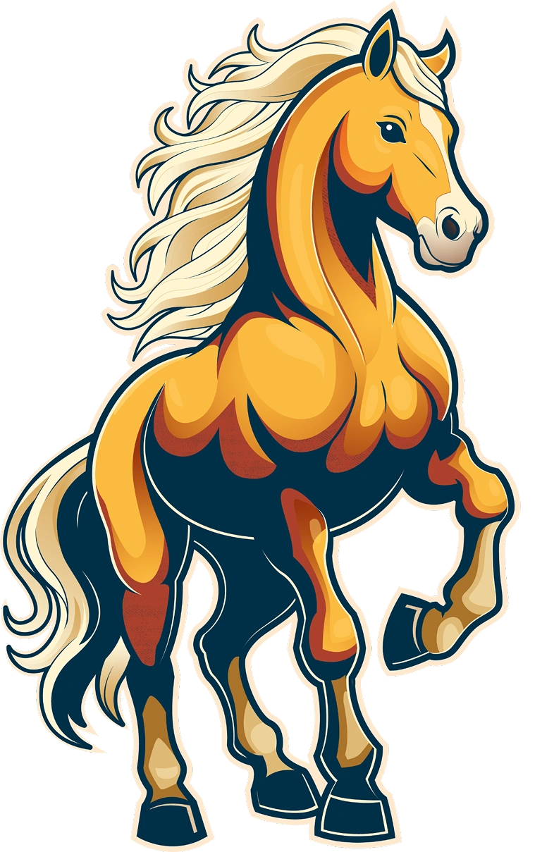 Stylized illustration of a strong, golden-yellow horse with a flowing mane, standing on three legs with one front leg raised.